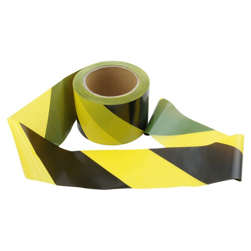 Black and yellow barrier tape 75mm x 100m — warehouse hazard tape — SafeMark Supplies
