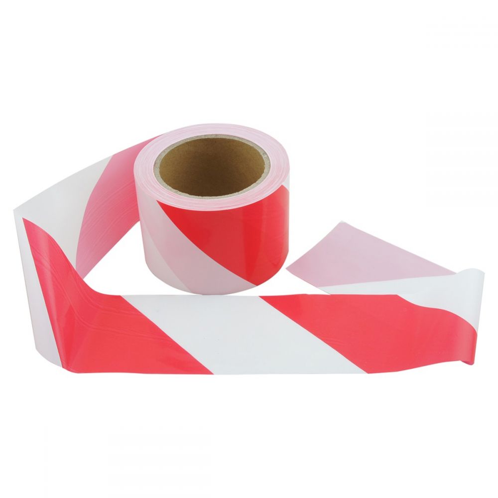 Red and white barrier tape 75mm x 100m — warehouse hazard tape — SafeMark Supplies
