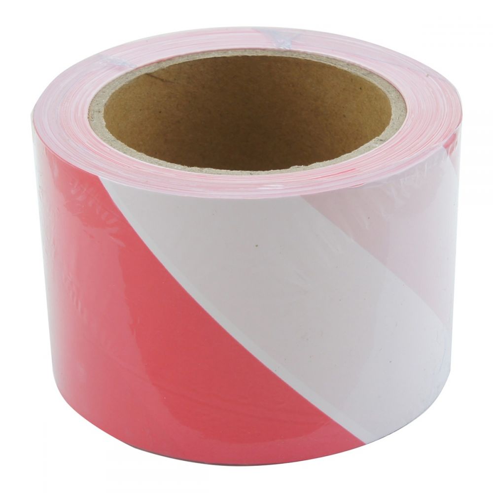 Red and white barrier tape 75mm x 100m — warehouse hazard tape — SafeMark Supplies