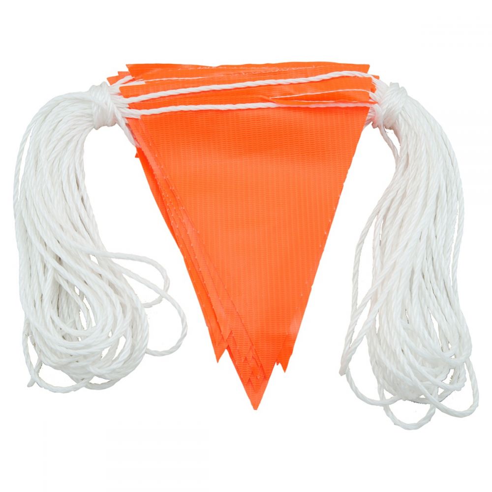 Orange safety bunting flags 30m triangular flags on nylon rope — construction site crowd control barrier — SafeMark Supplies