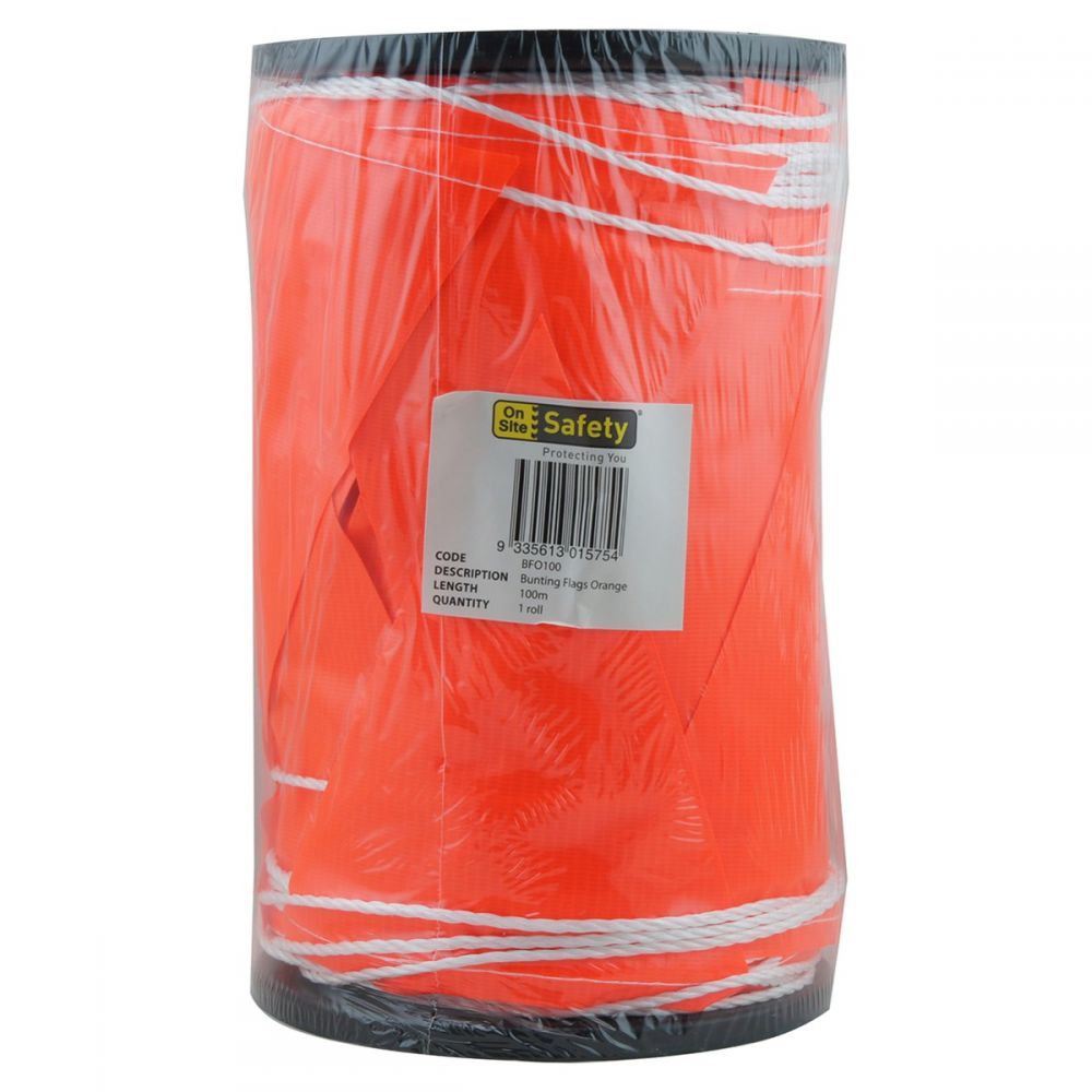 Orange safety bunting flags 100m reel triangular flags on nylon rope — large scale construction site crowd control barrier — SafeMark Supplies