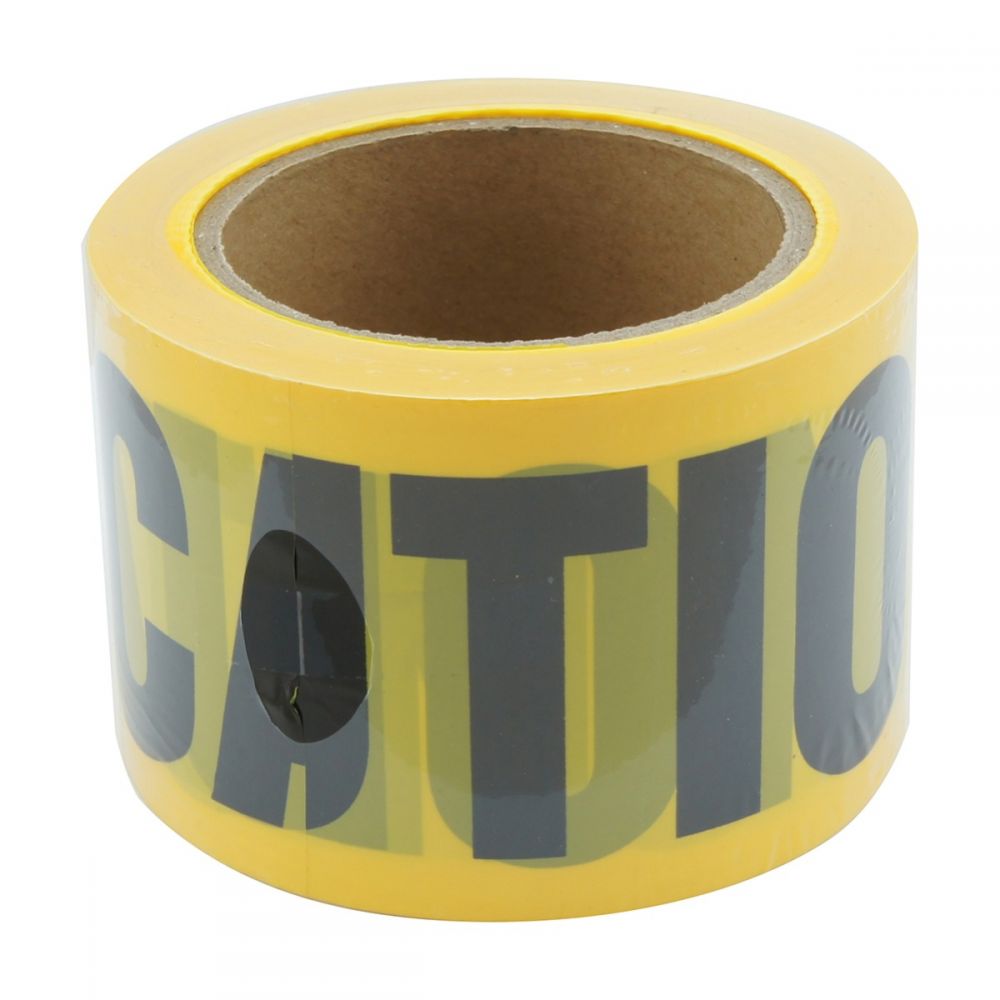 Yellow caution barrier tape 75mm x 100m CAUTION print — warehouse hazard warning — SafeMark Supplies