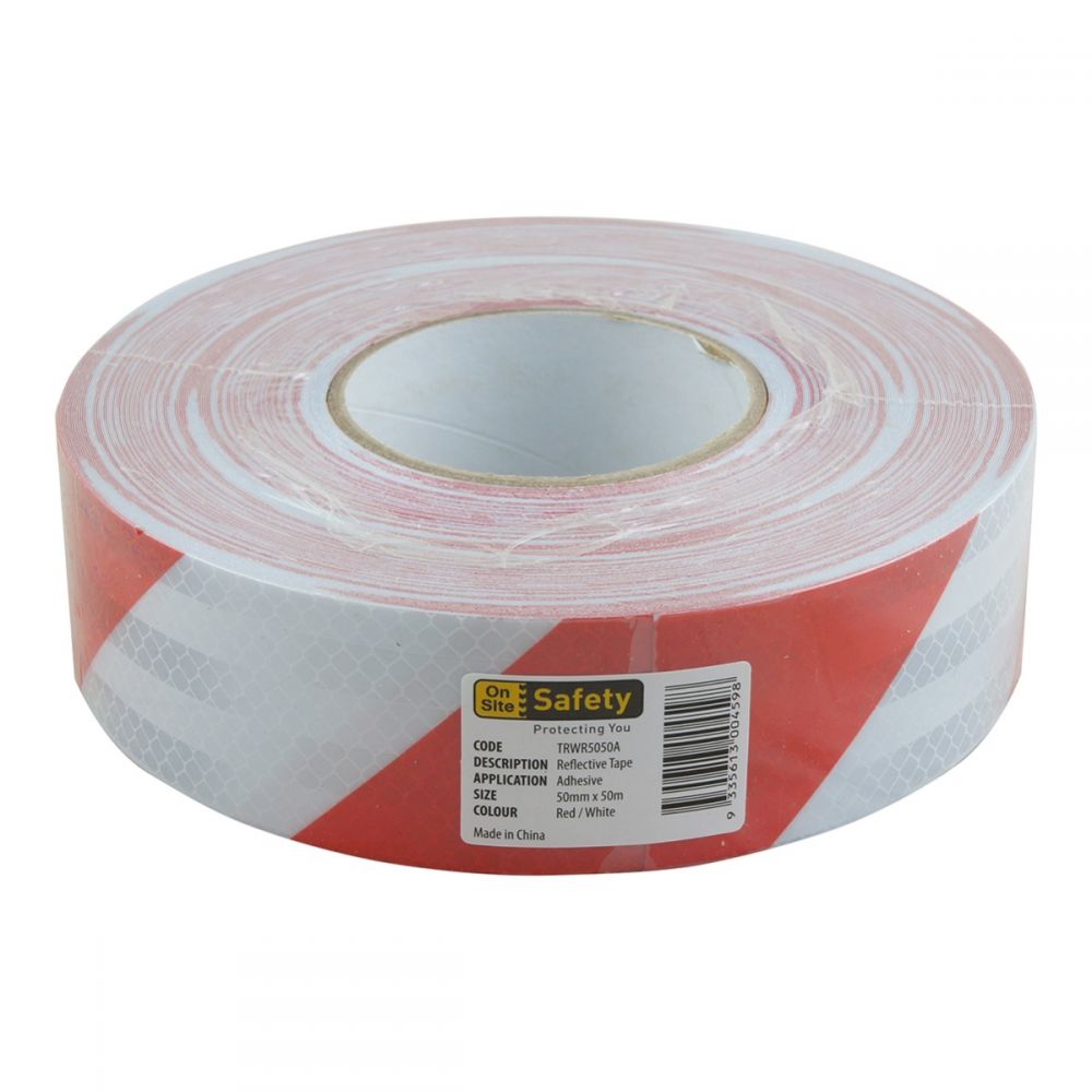 Red and white reflective warning tape 50mm x 50m Class 100 — warehouse safety — SafeMark Supplies