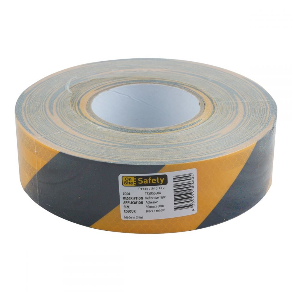 Black and yellow reflective warning tape 50mm x 50m Class 100 — warehouse safety — SafeMark Supplies