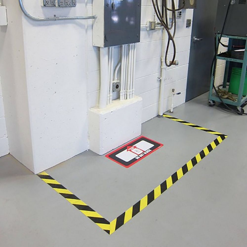 Black and yellow reflective warning tape 50mm x 50m Class 100 — warehouse safety — SafeMark Supplies