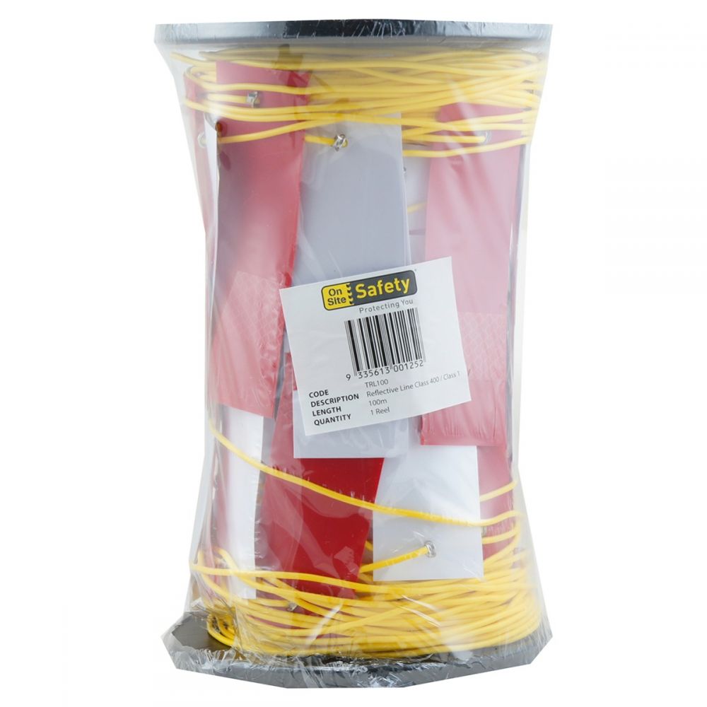 Red and white reflective safety line 100m reel Class 400 retro-reflective 99 tags — large scale worksite night visibility barrier — SafeMark Supplies