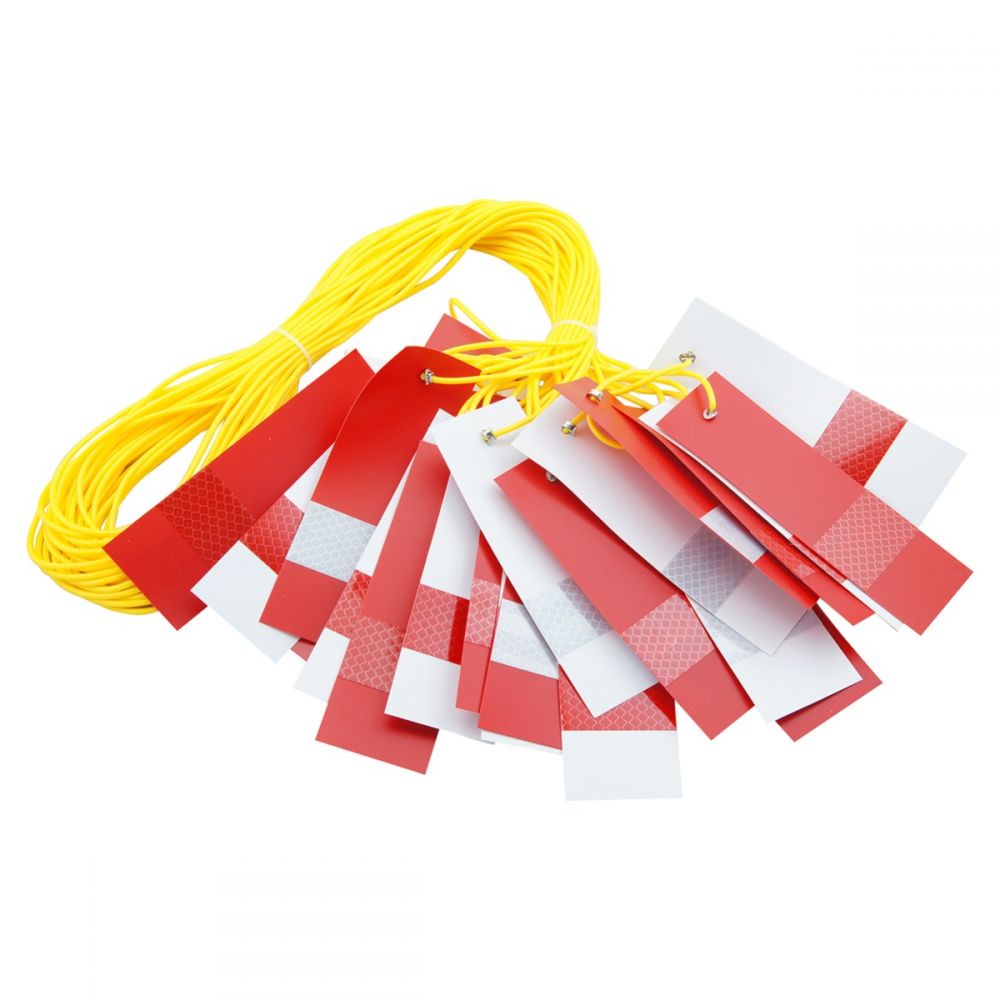 Red and white reflective safety line 25m Class 400 retro-reflective tags — worksite night visibility barrier — SafeMark Supplies