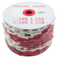 Red and white plastic safety chain 8mm links 25m roll — warehouse danger zone barrier — SafeMark Supplies