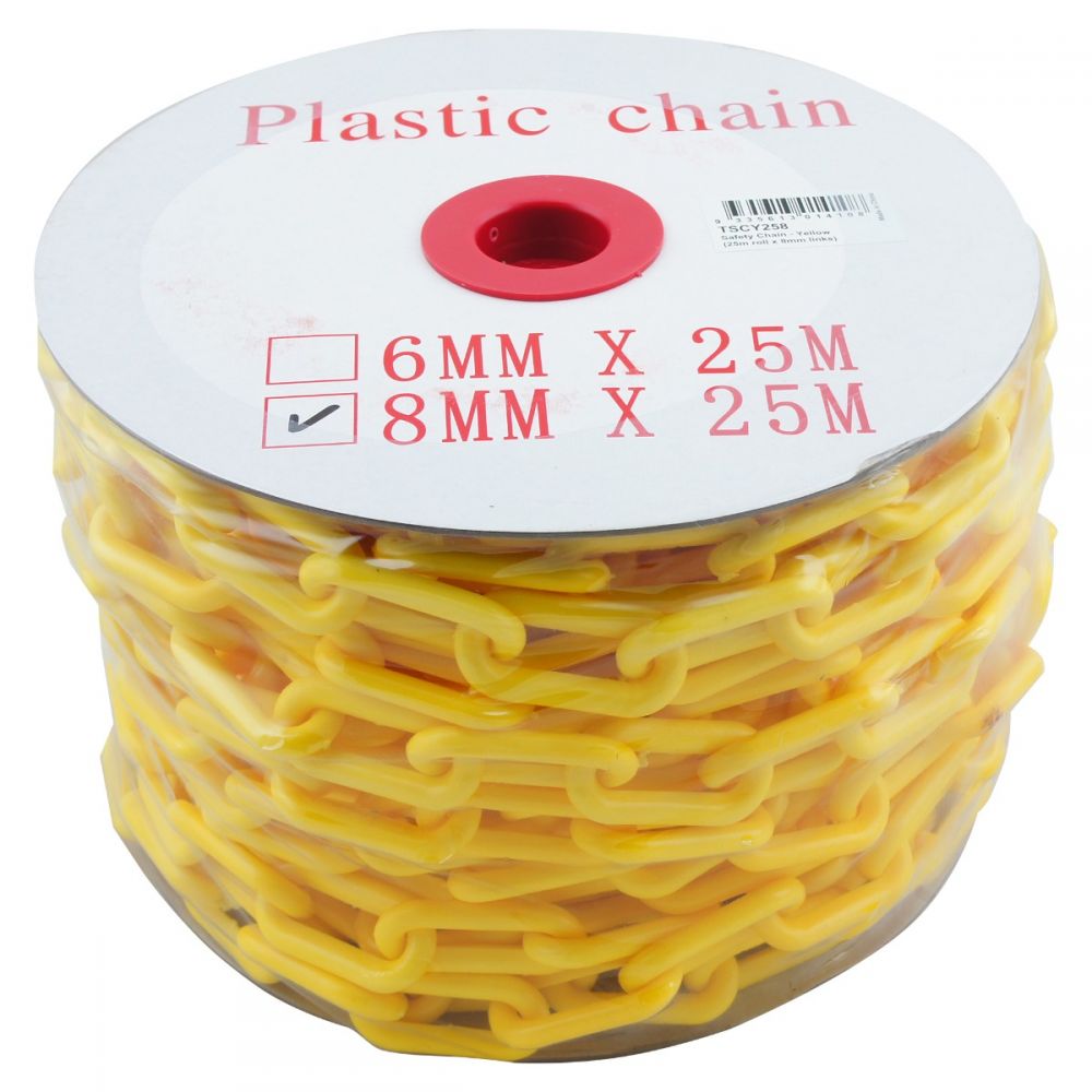 Yellow plastic safety chain 8mm links 25m roll — warehouse caution barrier — SafeMark Supplies