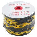 Yellow black plastic safety chain 8mm links 25m roll — warehouse barrier chain — SafeMark Supplies