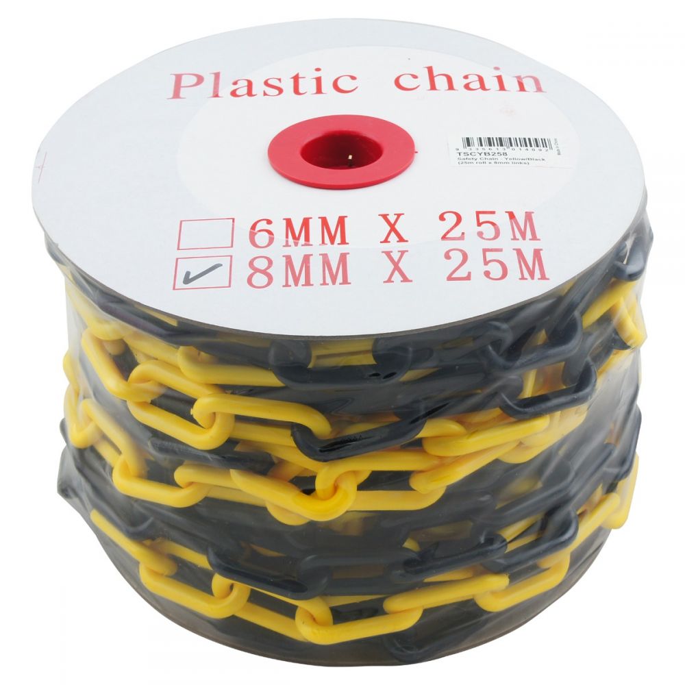 Safety chain triple pack yellow black red white yellow 8mm x 25m — complete colour coded warehouse barrier system — SafeMark Supplies